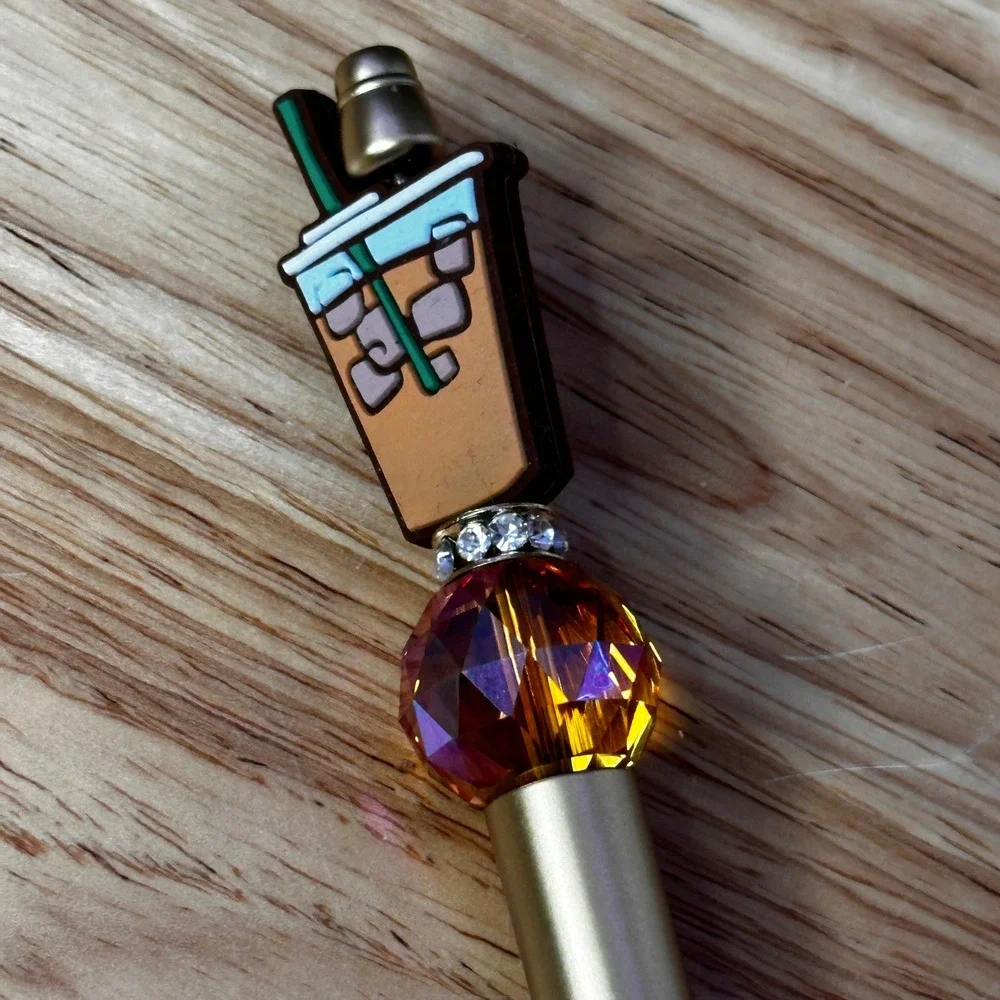 Iced Coffee Beaded Pen Champagne Gold Metal Ballpoint Amber Crystal Accent